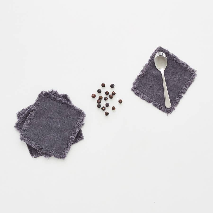 Dark Grey Linen Coasters with Fringes Set of 4