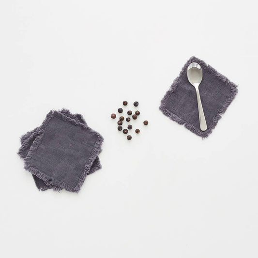 Dark Grey Linen Coasters with Fringes Set of 4