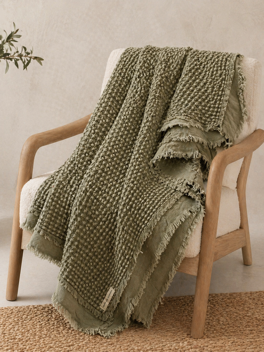 Organic Cotton Rustic Waffle Throw Blanket - Light Olive
