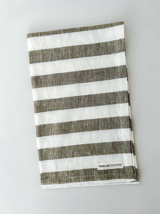 French Linen Tea Towel - Wide Olive Stripe
