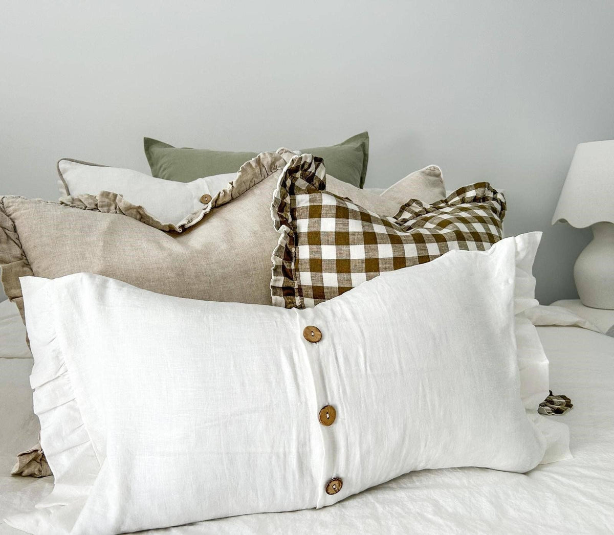 Linen Cushion with Piped Edge - White with Natural Pip
