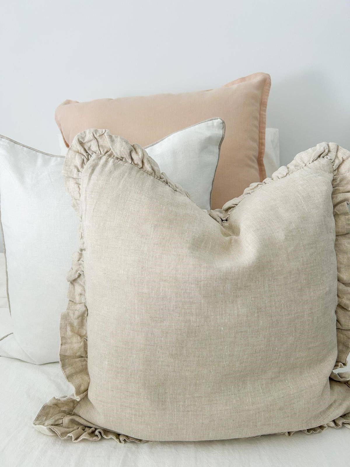 Linen Cushion with Piped Edge - White with Natural Pip