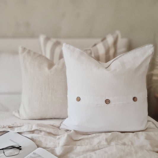 Linen Cushion with Piped Edge - White with Natural Pip