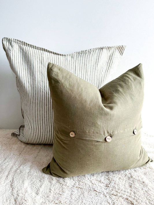 Pure French Linen Euro Cushion - Olive Pinstripe