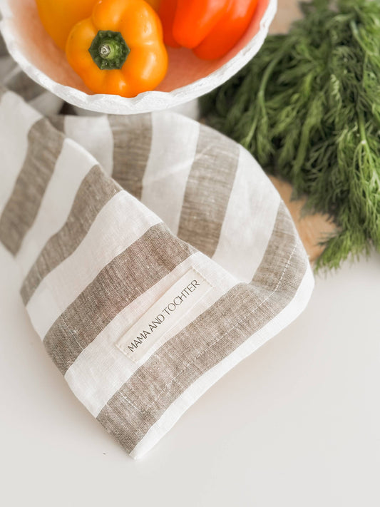 French Linen Tea Towel - Wide Olive Stripe